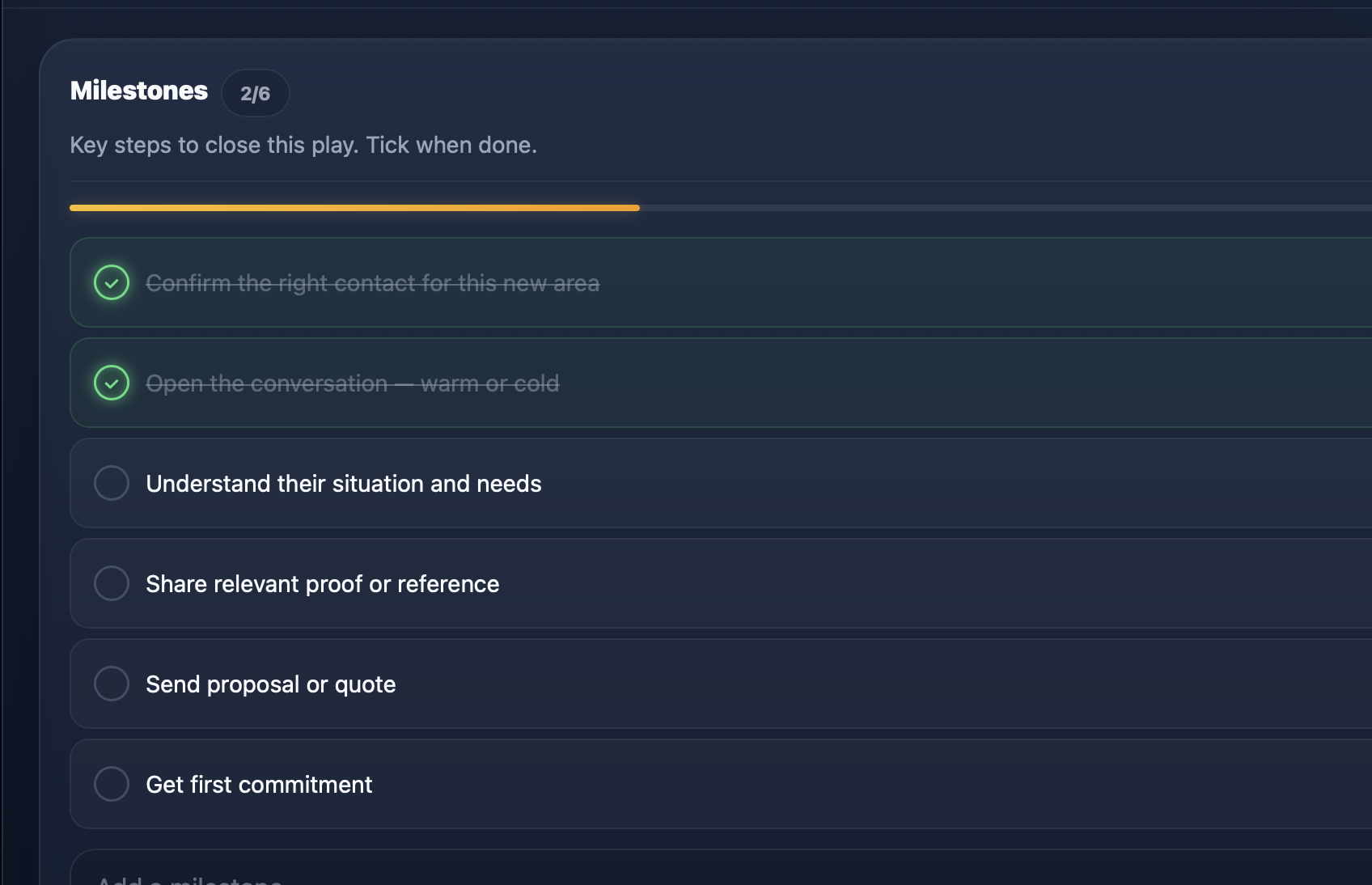 BIZTAILORS milestones checklist for a strategic play showing ticked and open steps with a progress bar