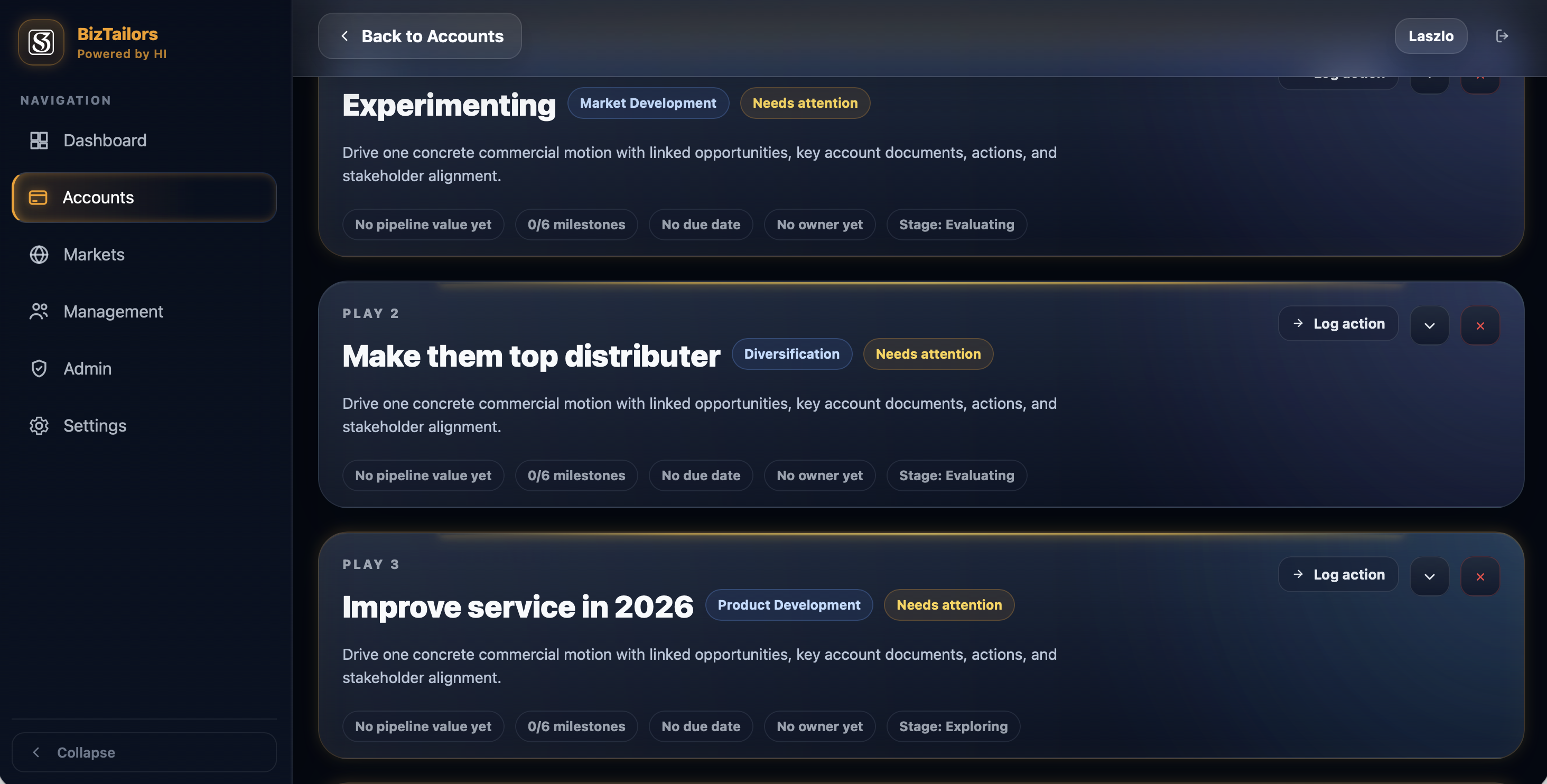 BIZTAILORS Plays view showing Market Development, Diversification and Product Development plays with milestones